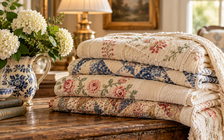Stack of vintage quilts in a warm collected farmhouse interior