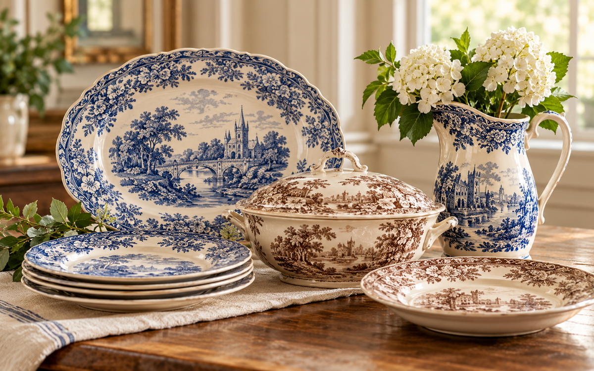 Blue and brown vintage transferware arranged on a farmhouse table