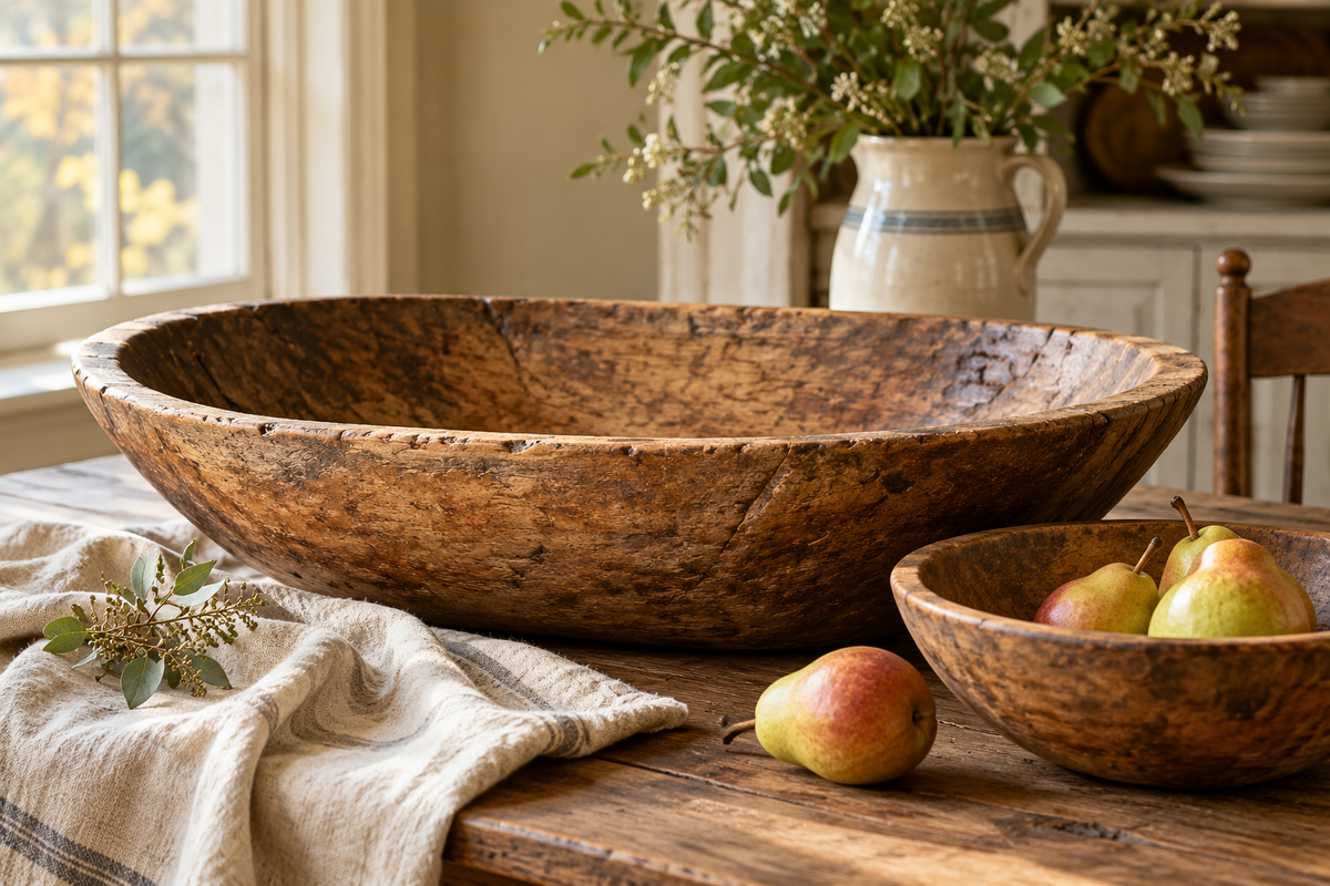 Large vintage wooden dough bowl on a farmhouse table
