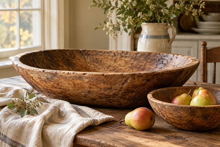 Large vintage wooden dough bowl on a farmhouse table