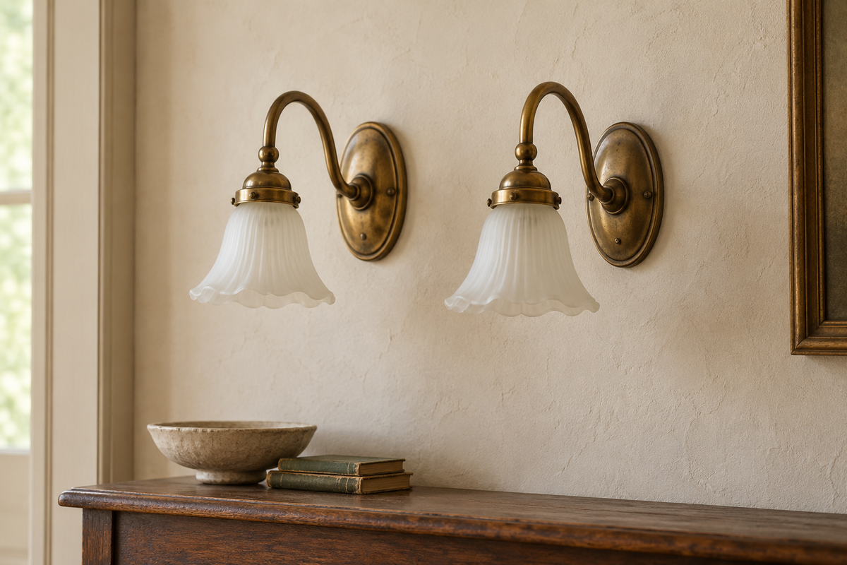 Illustrative pair of brass wall sconces with frosted-glass shades against cream plaster.