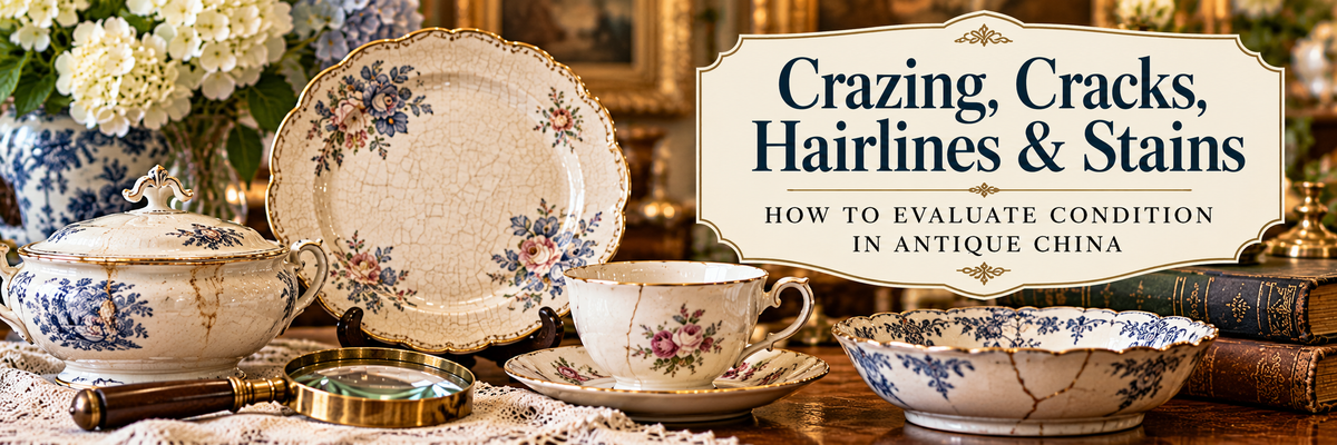 Antique china showing crazing, hairlines, cracks and staining for a condition evaluation guide