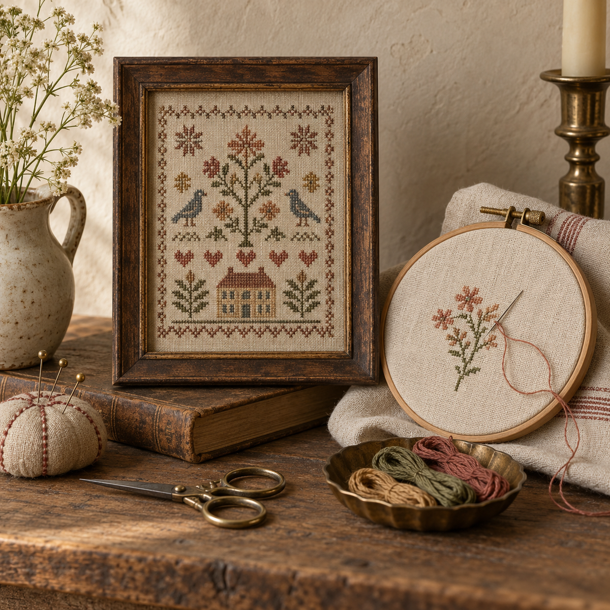 Framed folk sampler and embroidery hoop with antique sewing tools