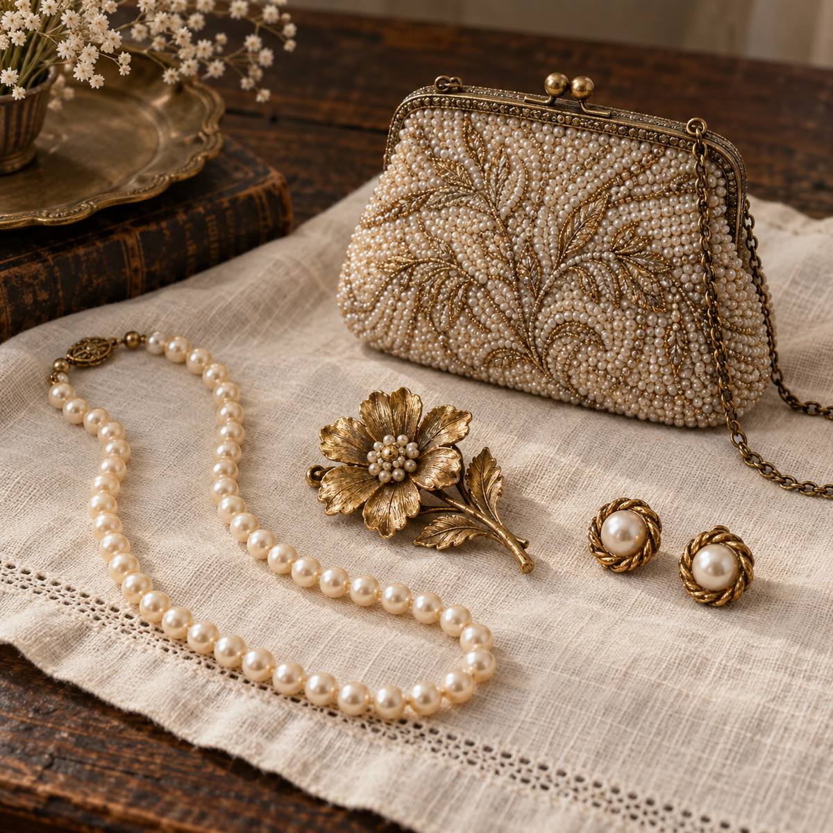 Vintage pearl jewelry, gold brooch, clip earrings and beaded evening bag