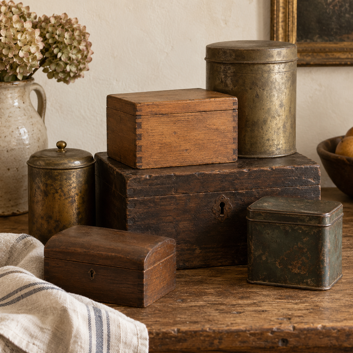 Collection of antique wooden boxes and aged metal storage tins