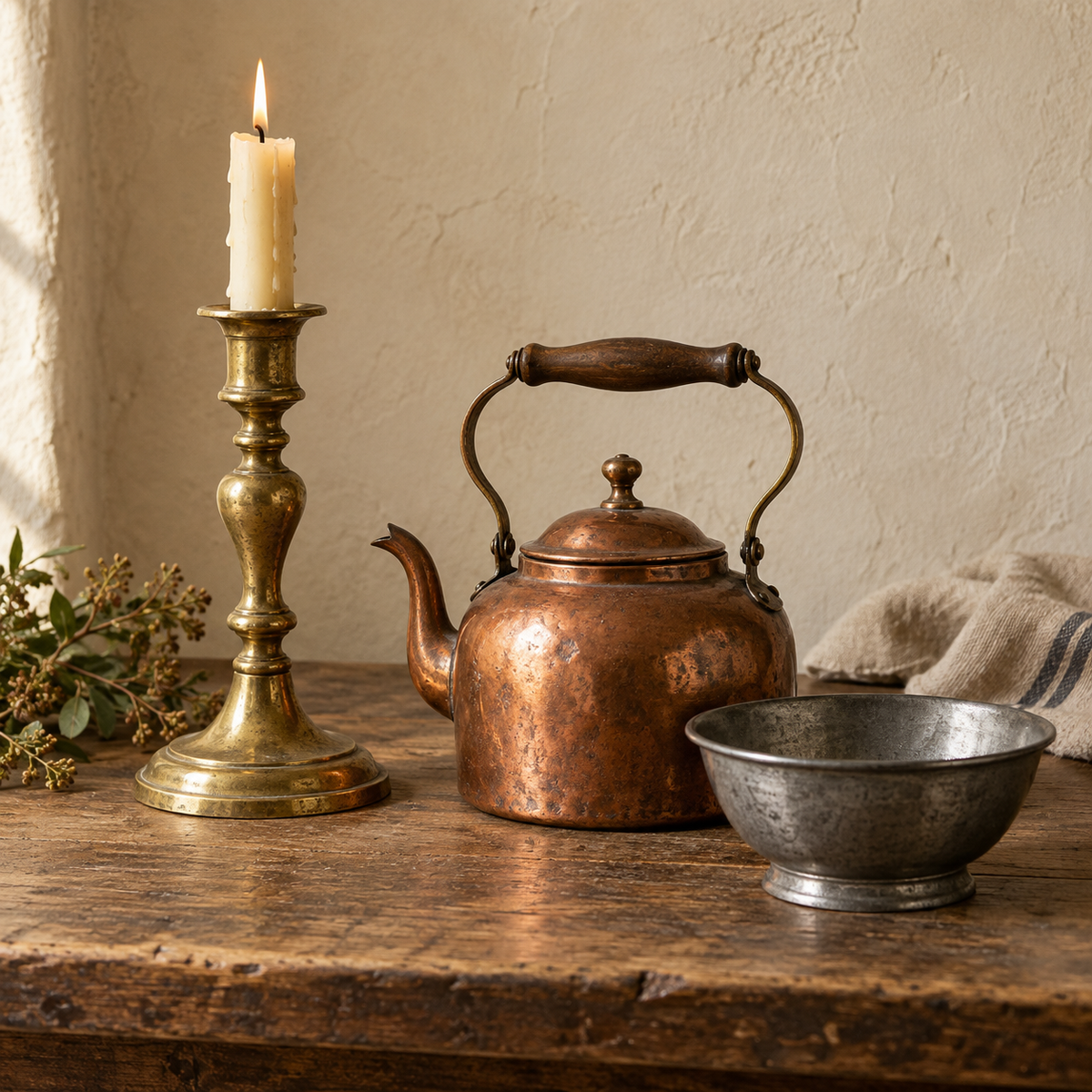 Aged brass candlestick, copper kettle, and pewter bowl