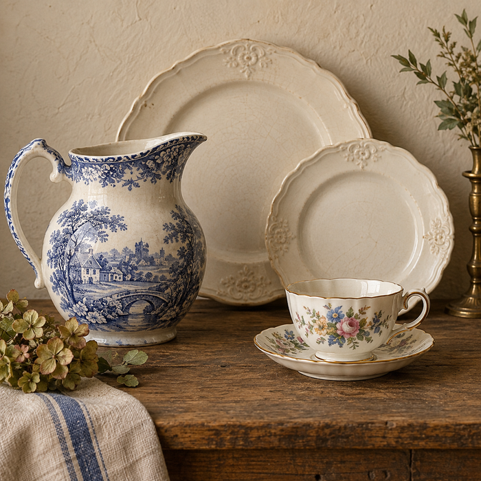 Blue and white transferware, ironstone plates, and floral porcelain teacup