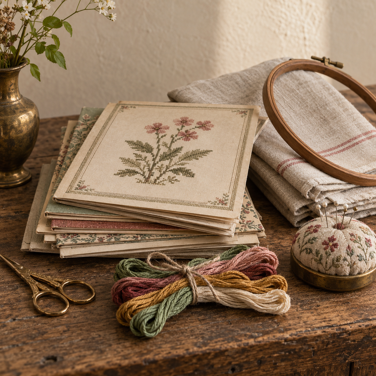 Vintage needlework patterns, embroidery floss, hoop, and pincushion