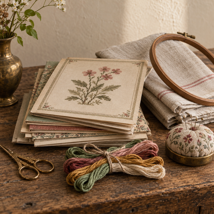 Vintage needlework patterns, embroidery floss, hoop, and pincushion