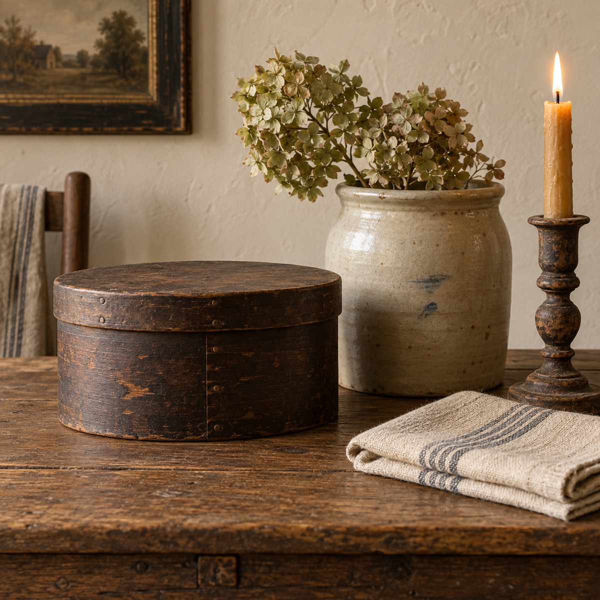 Primitive pantry box, stoneware crock, candlestick, and homespun linen