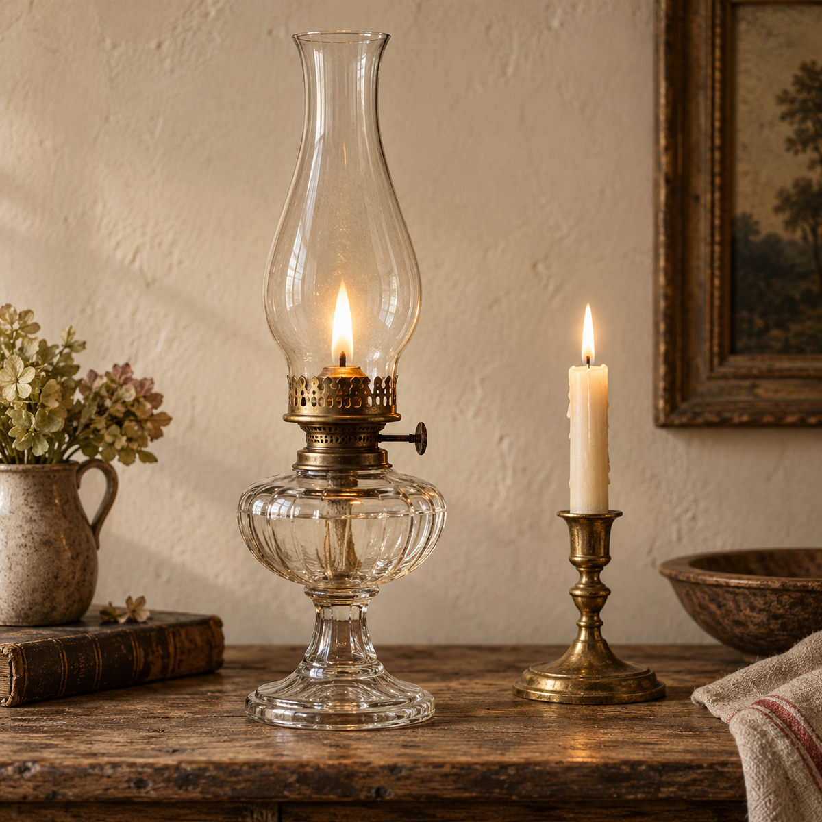 Lit antique glass oil lamp and brass candlestick