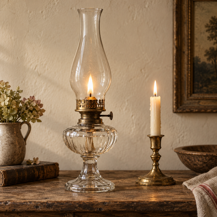 Lit antique glass oil lamp and brass candlestick