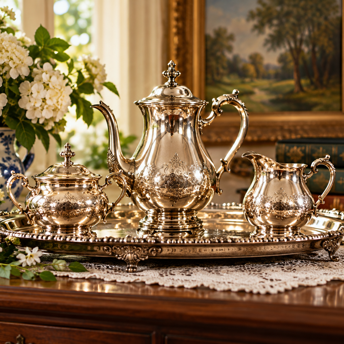 Vintage silver plate tea service in an elegant antique-inspired setting