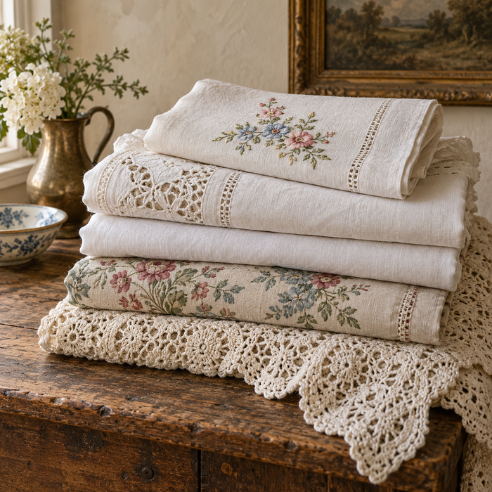 Stack of embroidered vintage linens and heirloom crochet lace
