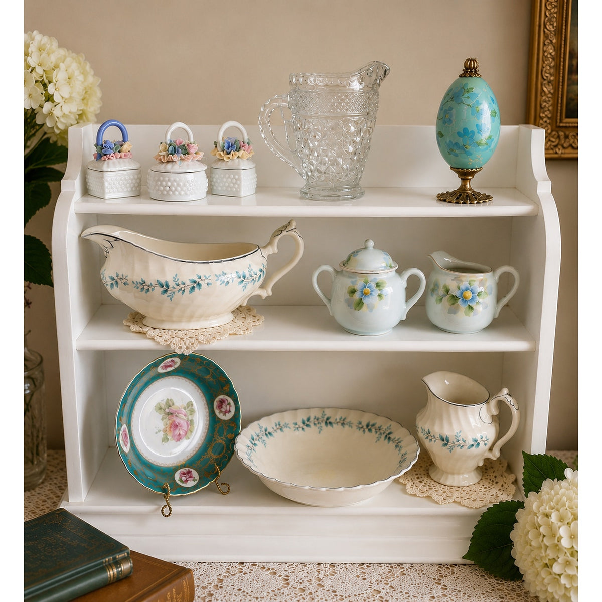 Vintage Curated China Wall Shelf Vignette Blue Floral Cottage Decor – main view