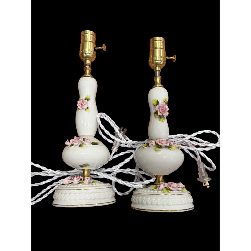 Pair Vintage Porcelain Pink Rose Boudoir Lamps Rewired New Shades Japan