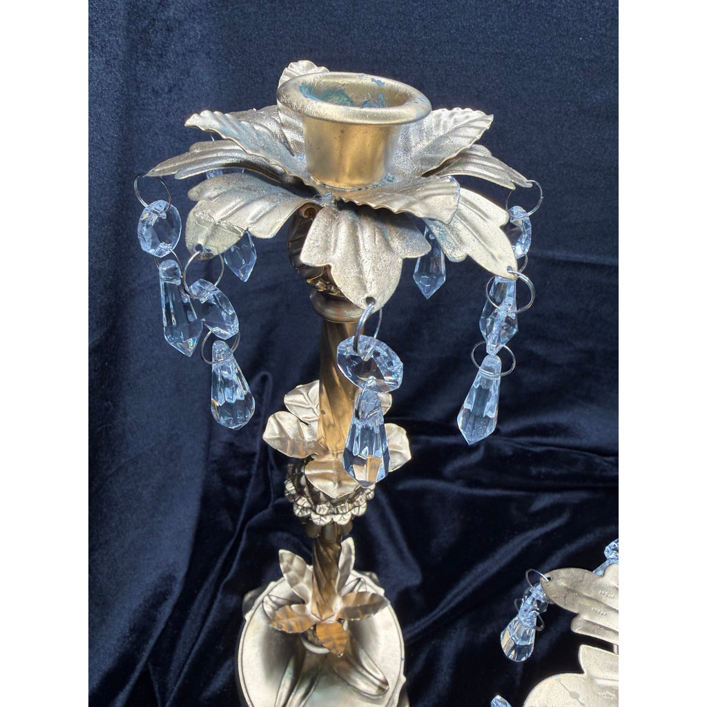 Hollywood Regency Crystal Prism Candlestick Set Gold Floral Candle Holders