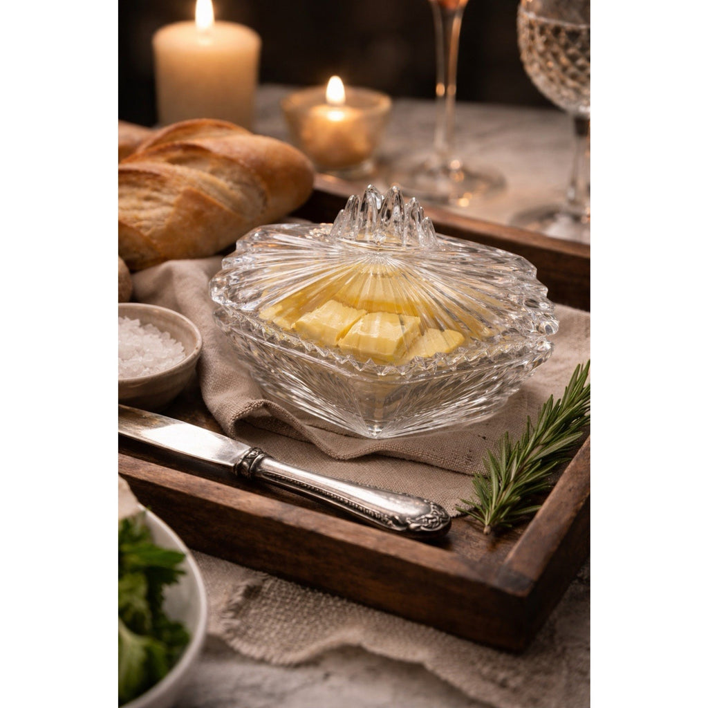 Vintage Pressed Glass Covered Butter Dish Starburst Pattern Candy Trinket Box