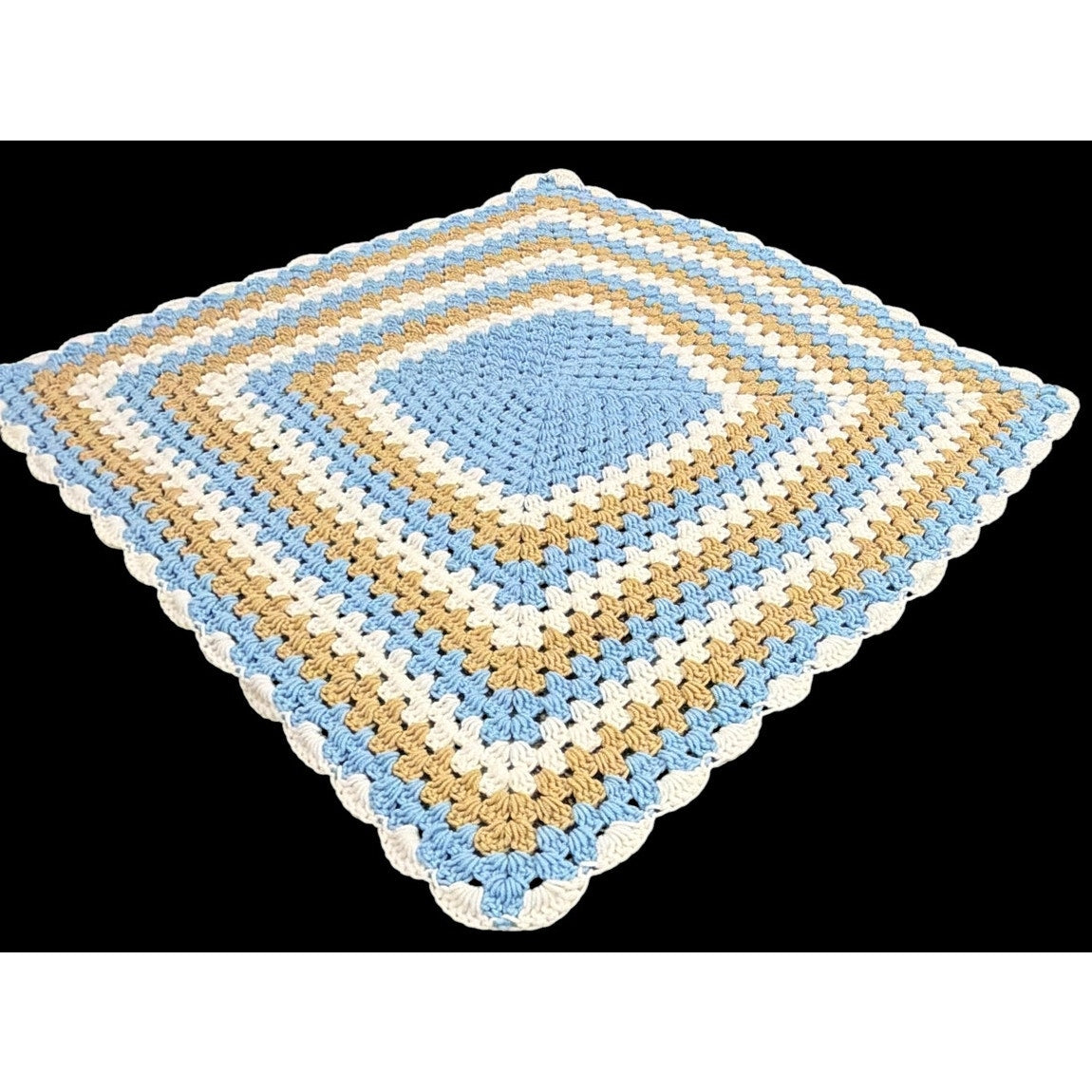 Vintage Crochet Baby Blanket Bluebird & Honey Blue Tan Ivory 36" Square