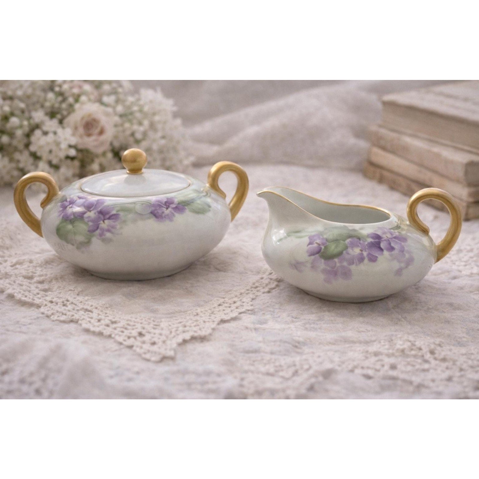 Vintage Bavaria Sugar Bowl Creamer Set: Violet Floral, Gold Handles