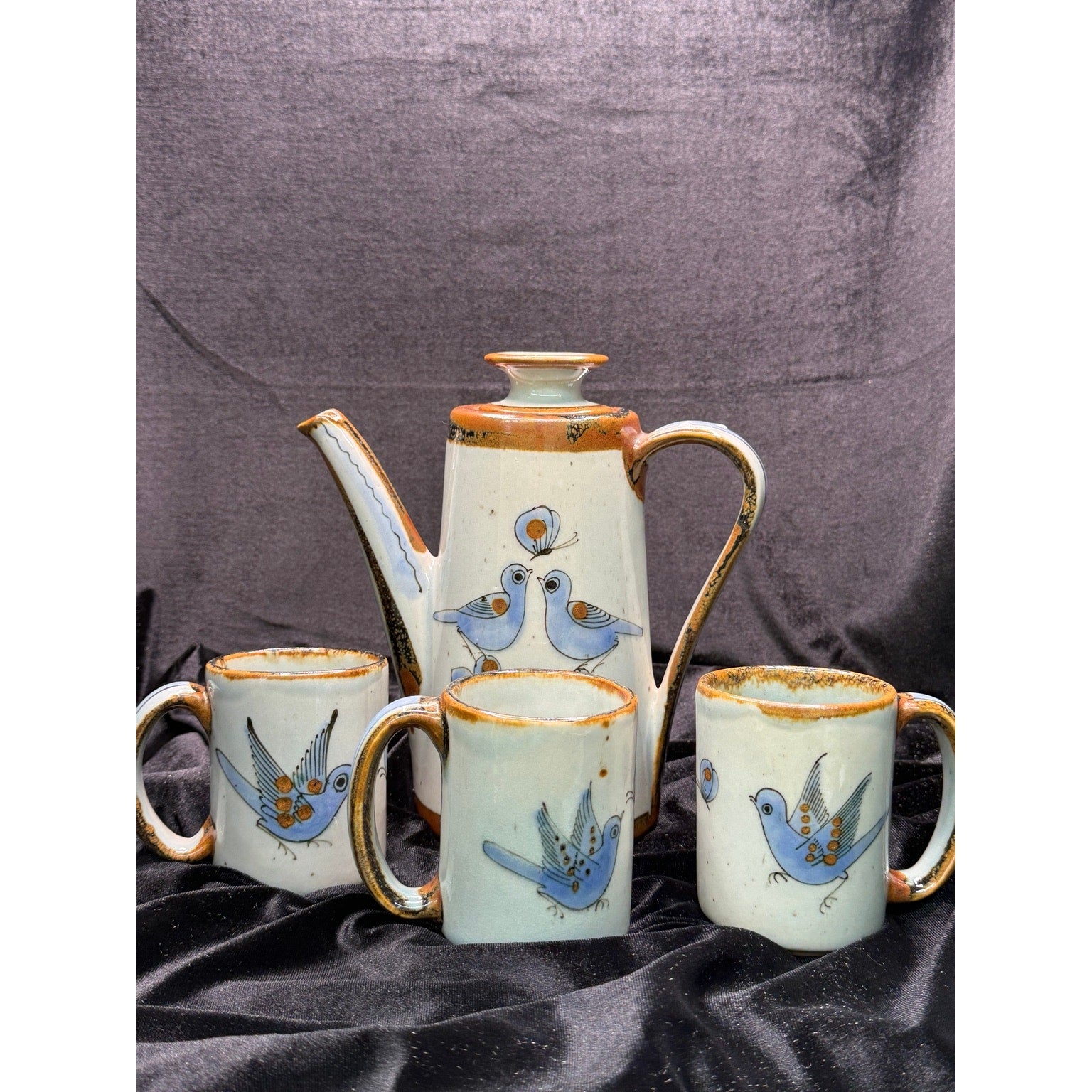 Vintage Del Palomar Mexico Coffee Pot & 3 Mug Set Blue Bird Stoneware