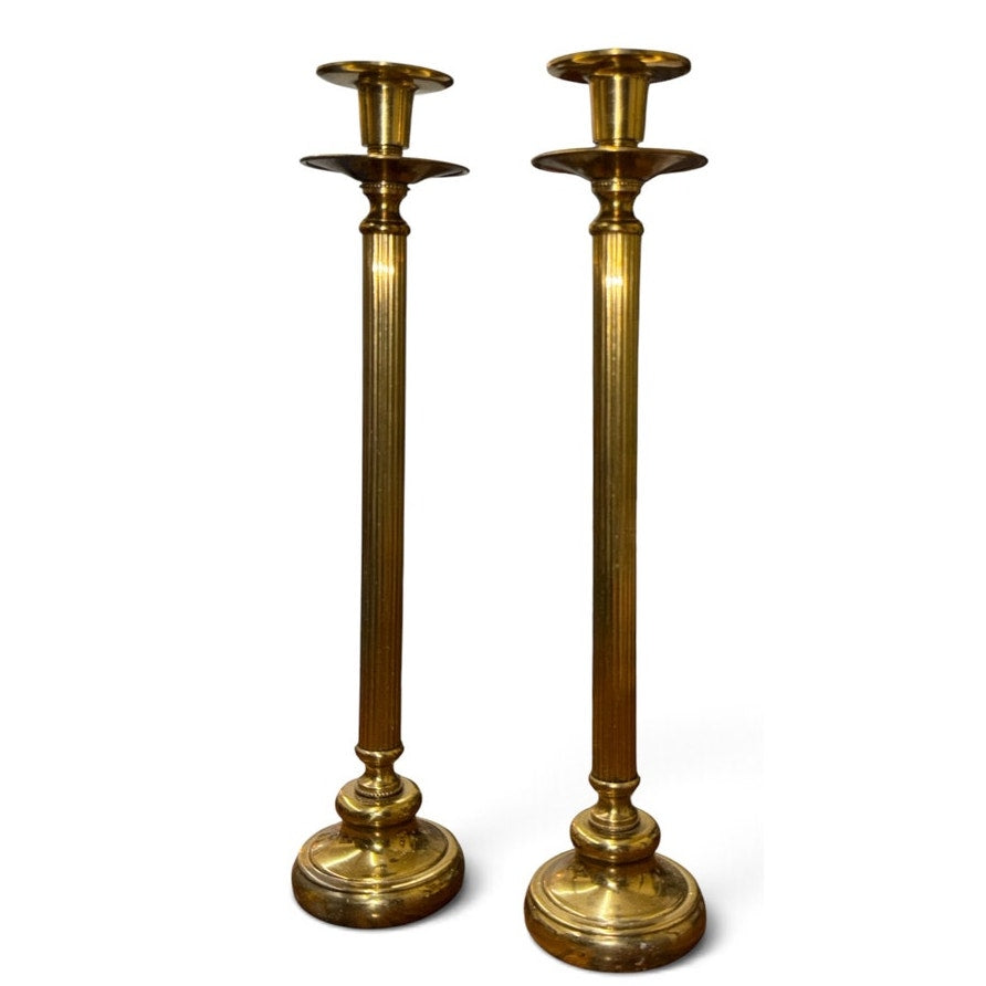 Vintage Solid Brass Candlesticks Pair 14” Tall Fluted Column Taper Holders