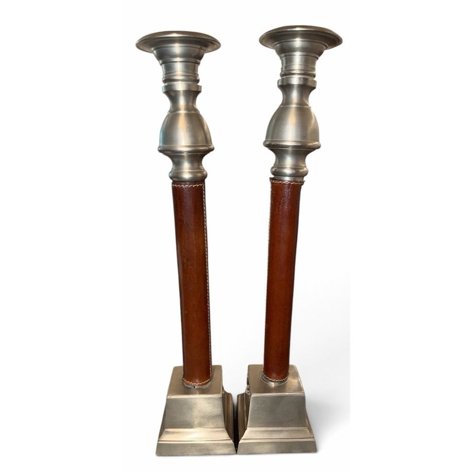 Vintage Leather & Pewter Candlesticks – 14” Tall – Pair of Luxury Taper Candle Holders
