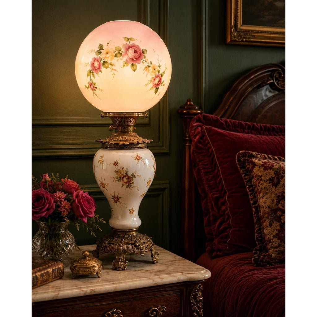 Antique Gone With The Wind Lamp, Hand Painted Roses