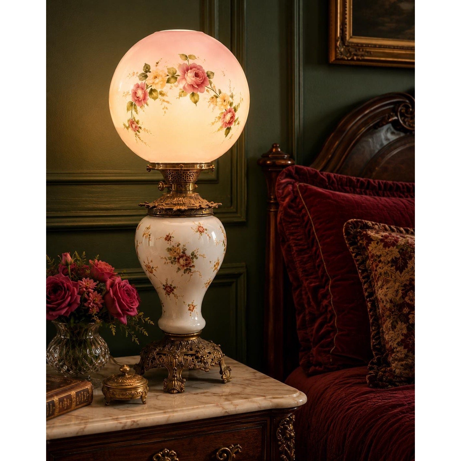 Antique Gone With The Wind Lamp, Hand Painted Roses