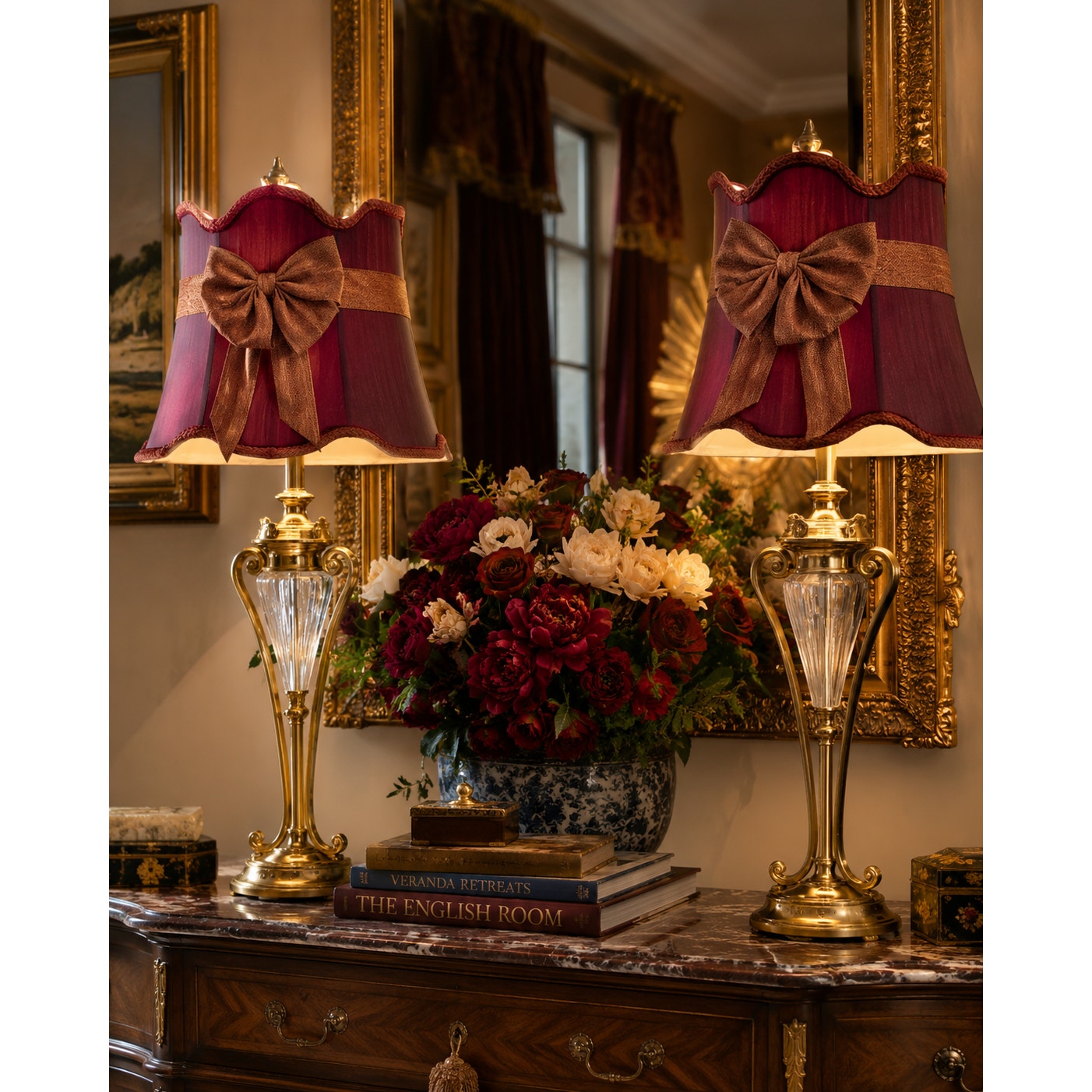 Pair Neoclassical Gold Tone Cut Glass Table Lamps with Bow Shades