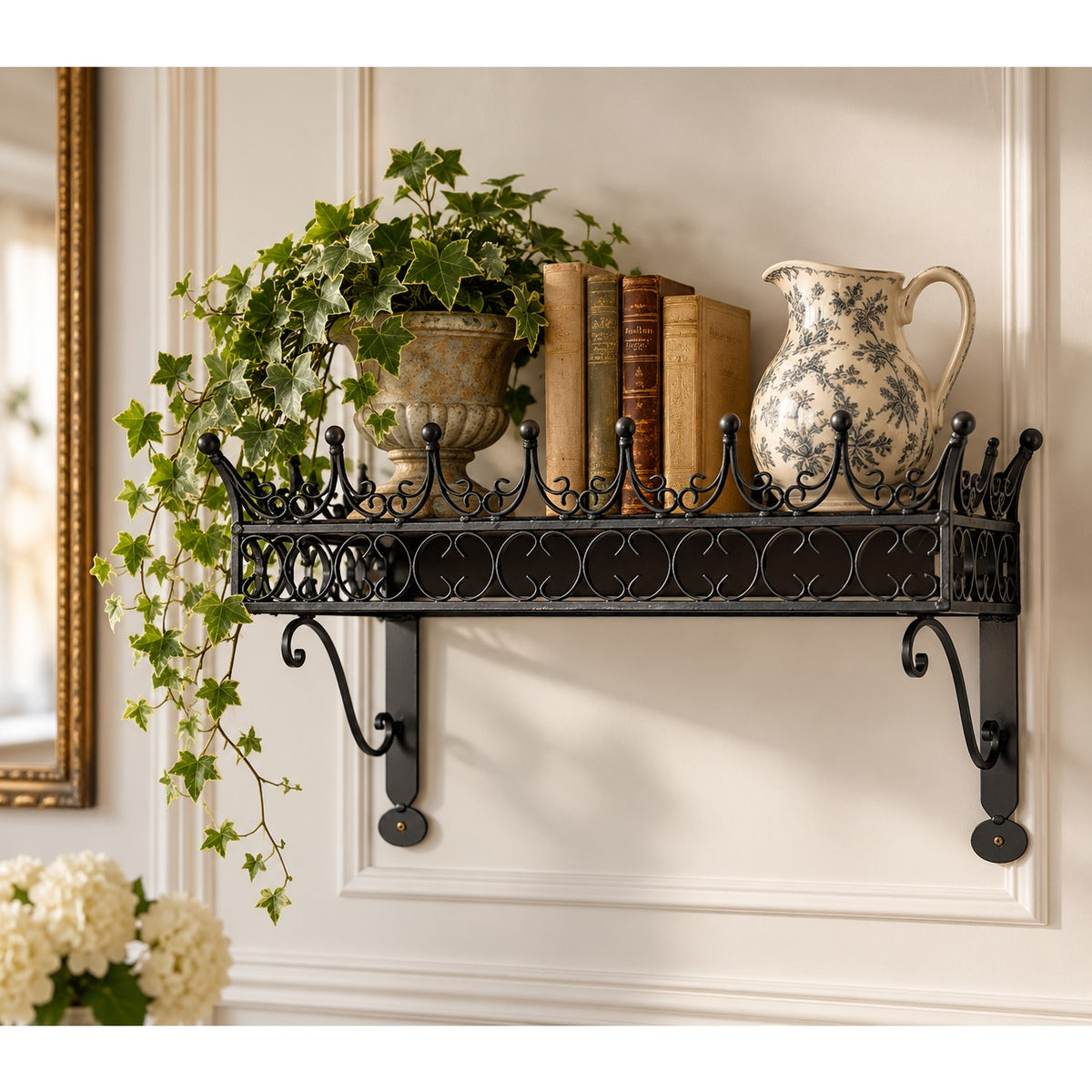 Vintage Wrought Iron Wall Shelf Ornate Scrollwork Black Metal 21 Inch