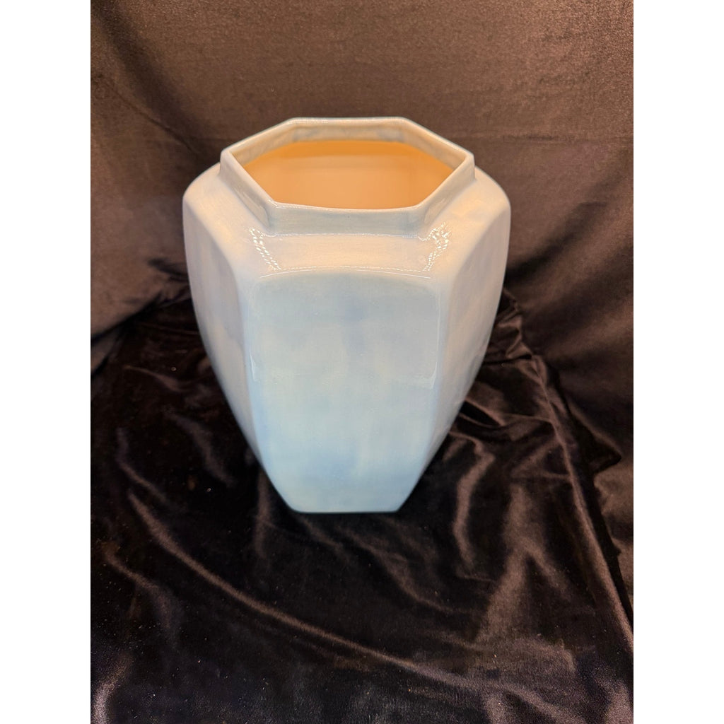 Large Signed Studio Pottery Vase Pale Blue Hexagon Art Pottery 11 Inch 1988