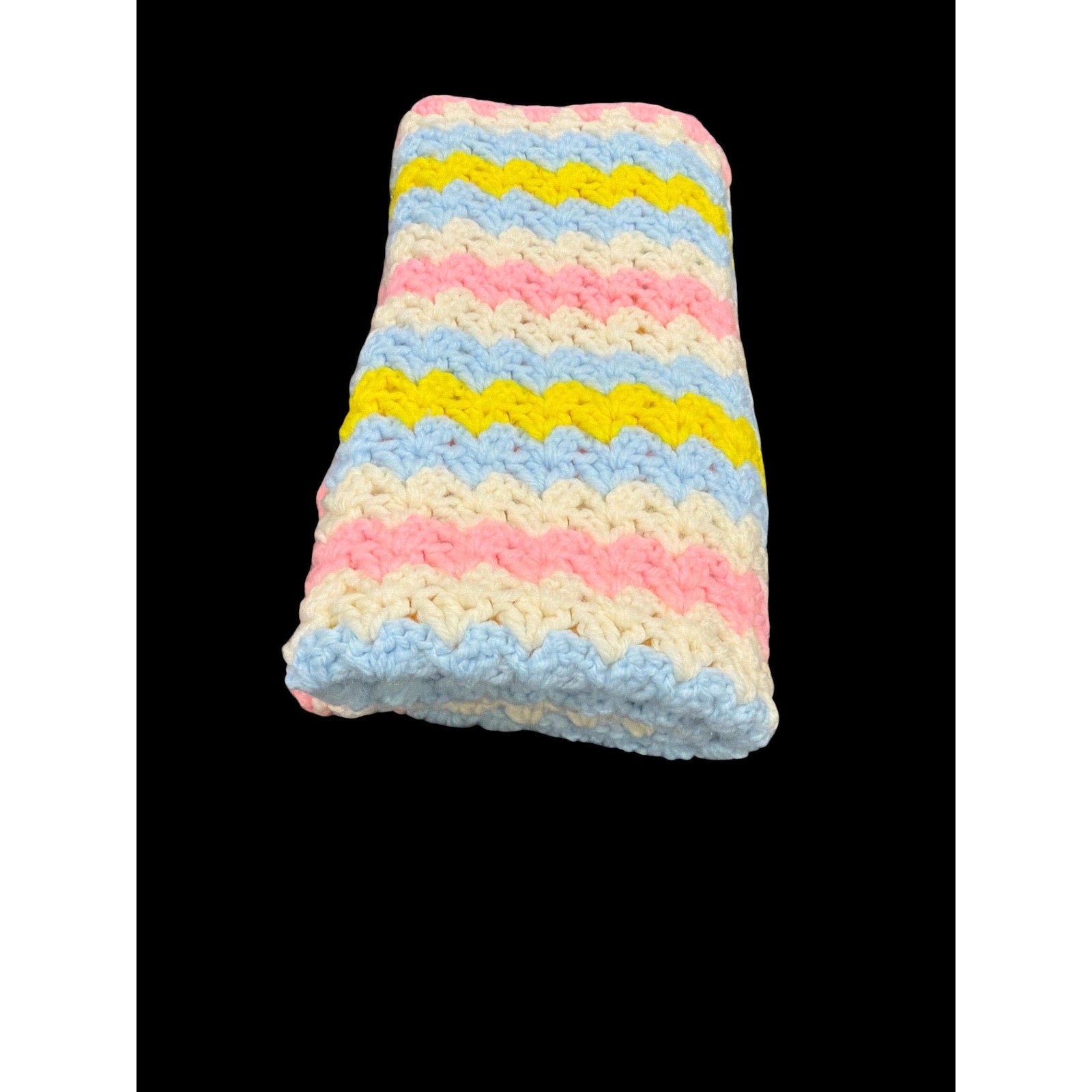 Vintage Hand Crocheted Baby Blanket Pastel Pink Blue Yellow Handmade
