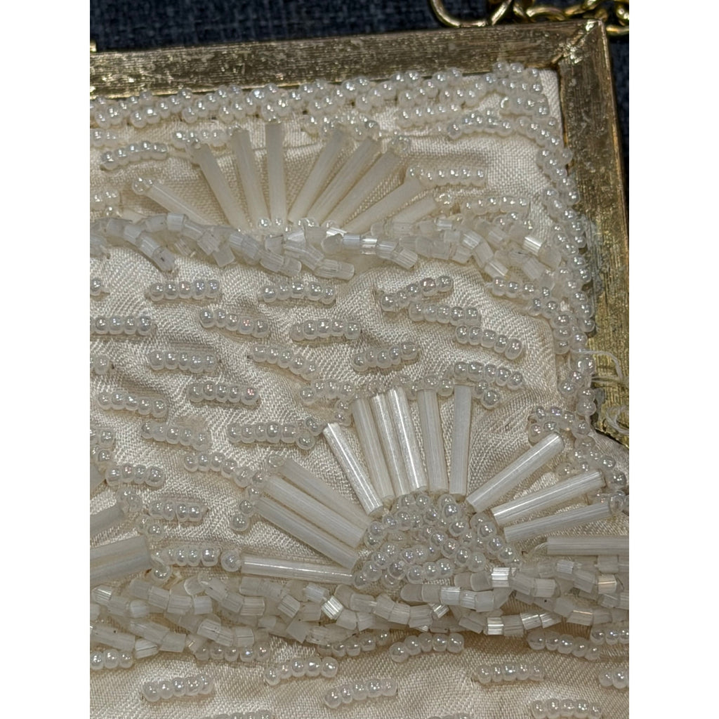 Vintage Beaded Evening Purse & Faux Pearl Necklace Set, Ivory Bridal Handbag