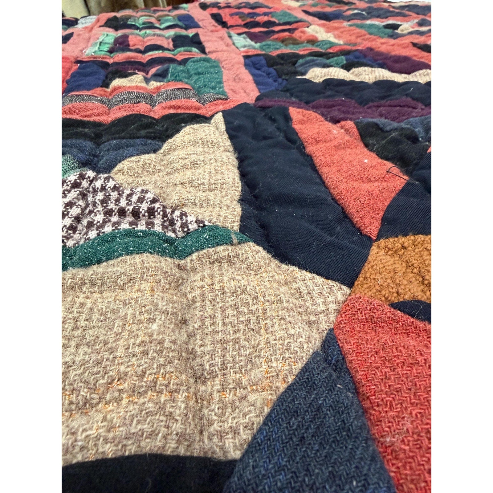 Antique Hand Pieced Wool Quilt: Primitive Folk Art Textile, Flannel Backing (77x64)