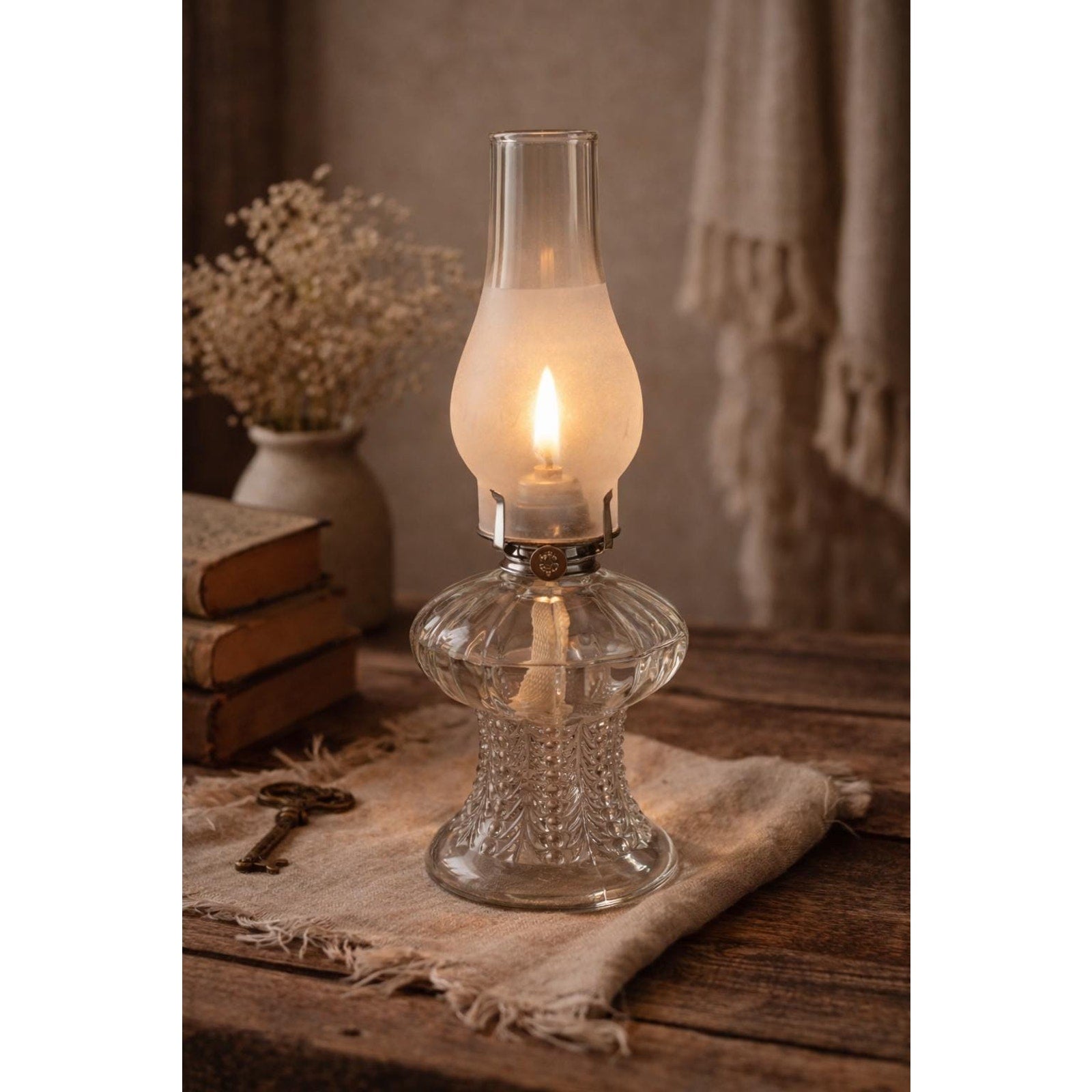 Vintage Glass Oil Lamp Frosted Chimney Farmhouse Cottage Decor Lighting