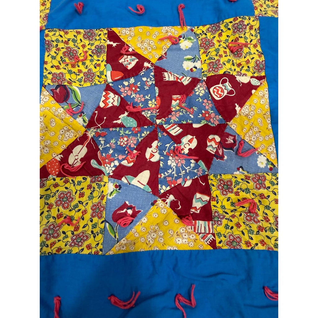Vintage Hand Pieced Quilt Handmade Tied Quilt Depression Era Feed Sack Fabric