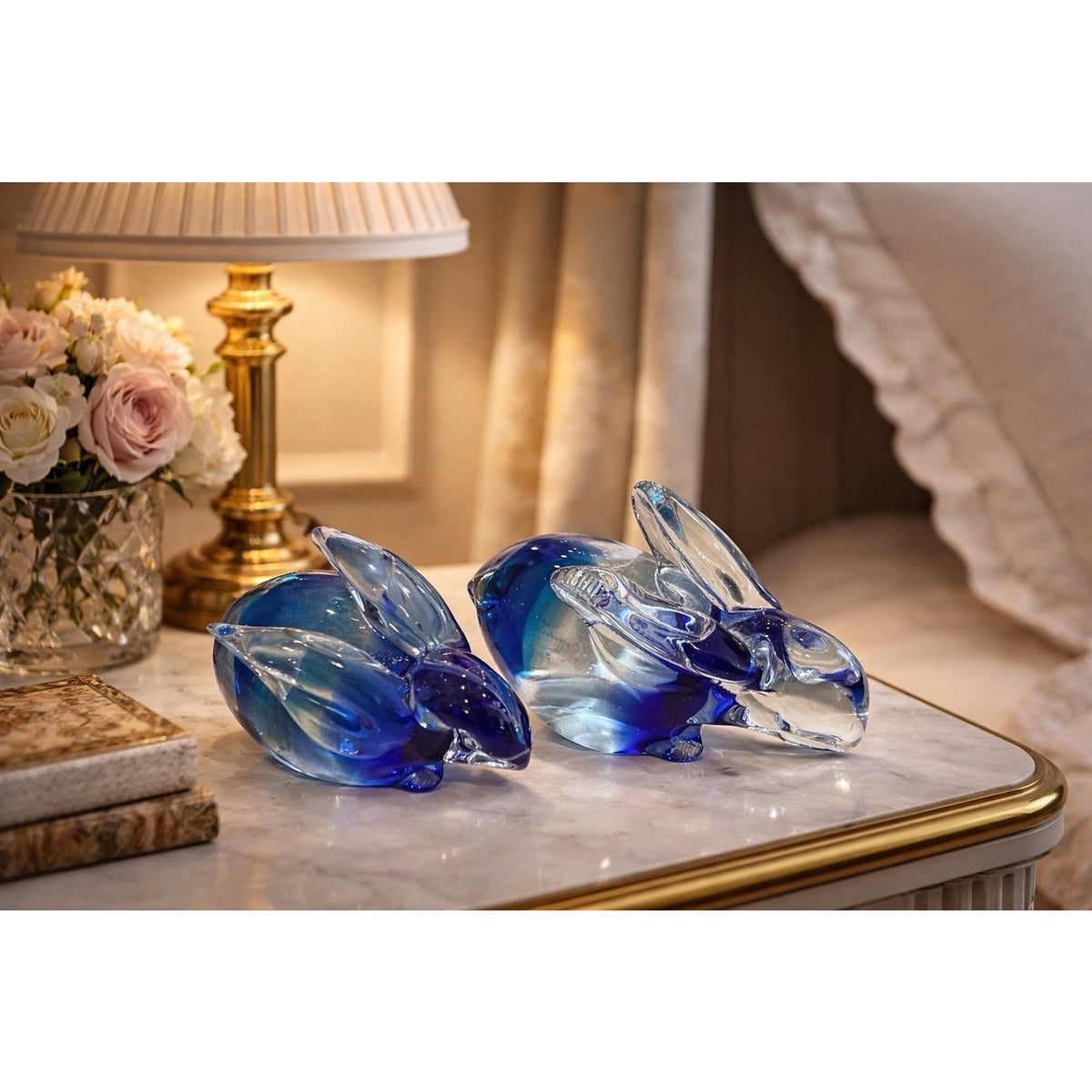 Blue Art Glass Bunny Rabbit Paperweight Pair 4” & 3” Hand Blown Figurines