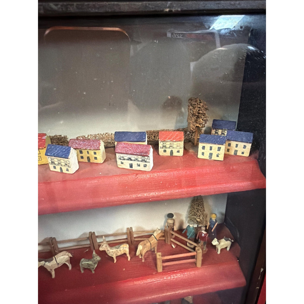 Antique Alpine Folk Art Diorama Shadow Box Miniature Village 15” Wall Cabinet
