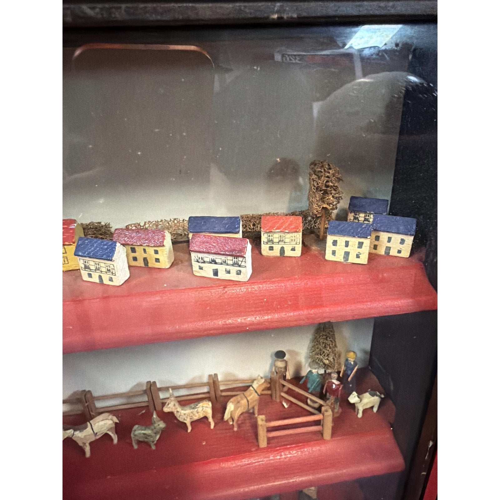 Antique Alpine Folk Art Diorama Shadow Box Miniature Village 15” Wall Cabinet