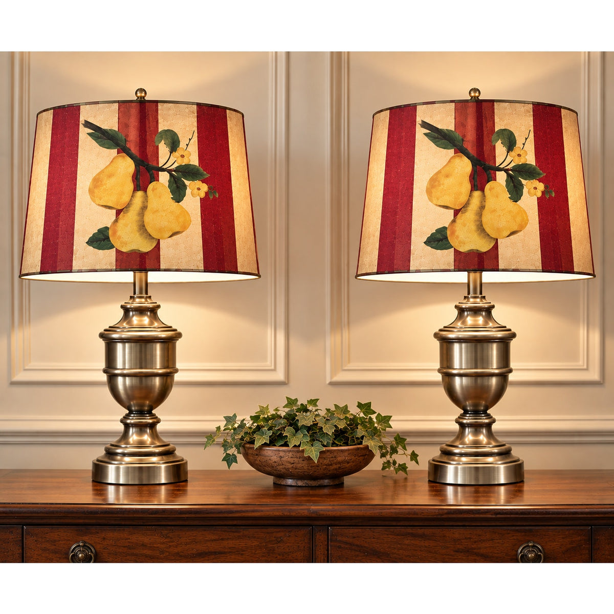 Pair Vintage Brass Tone Urn Table Lamps Pear Shades 25.5 Inch