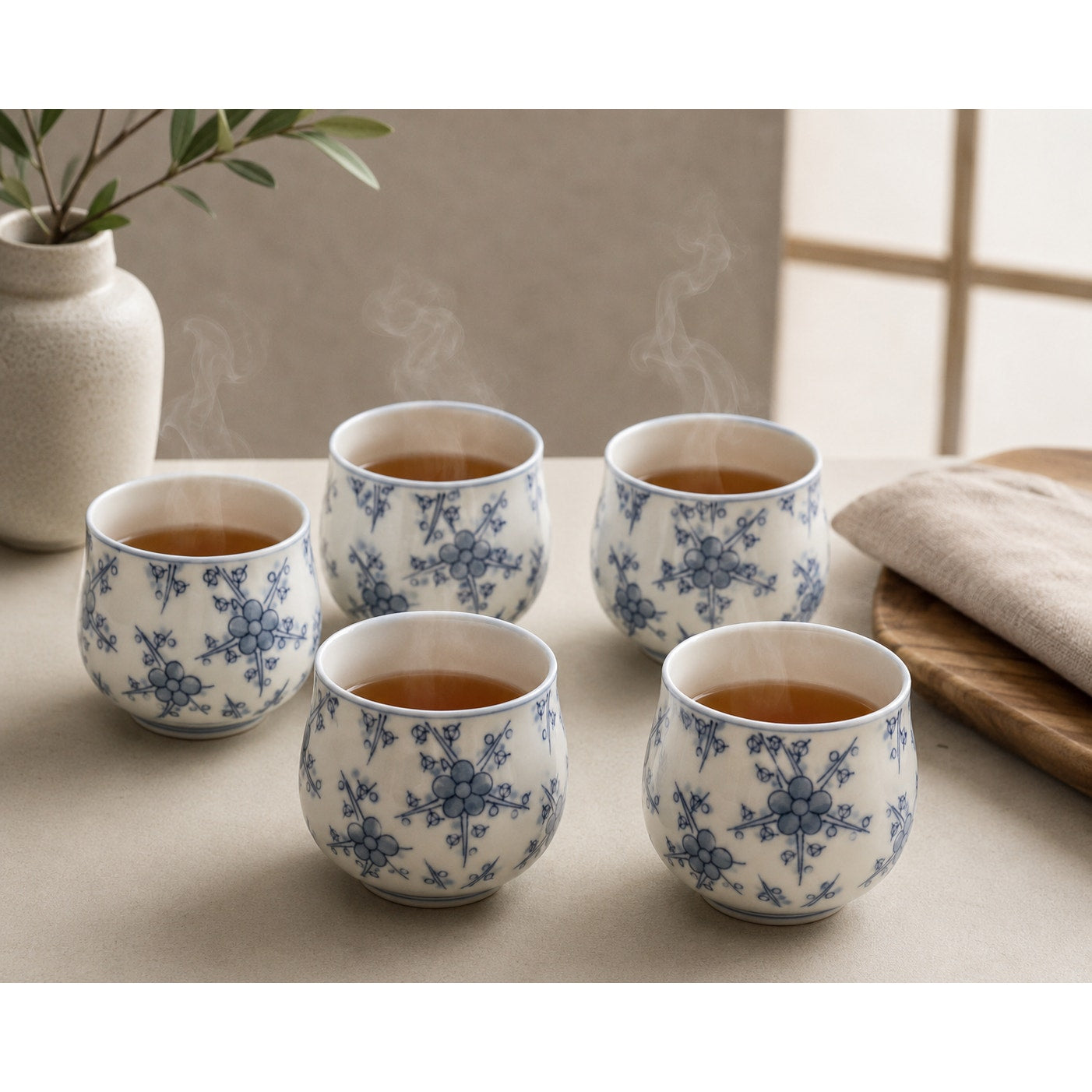 Vintage Japanese Tea Cups Set of 5 Blue White Yunomi Porcelain Tea Bowls Japandi Decor Asian Tea Ceremony Cups