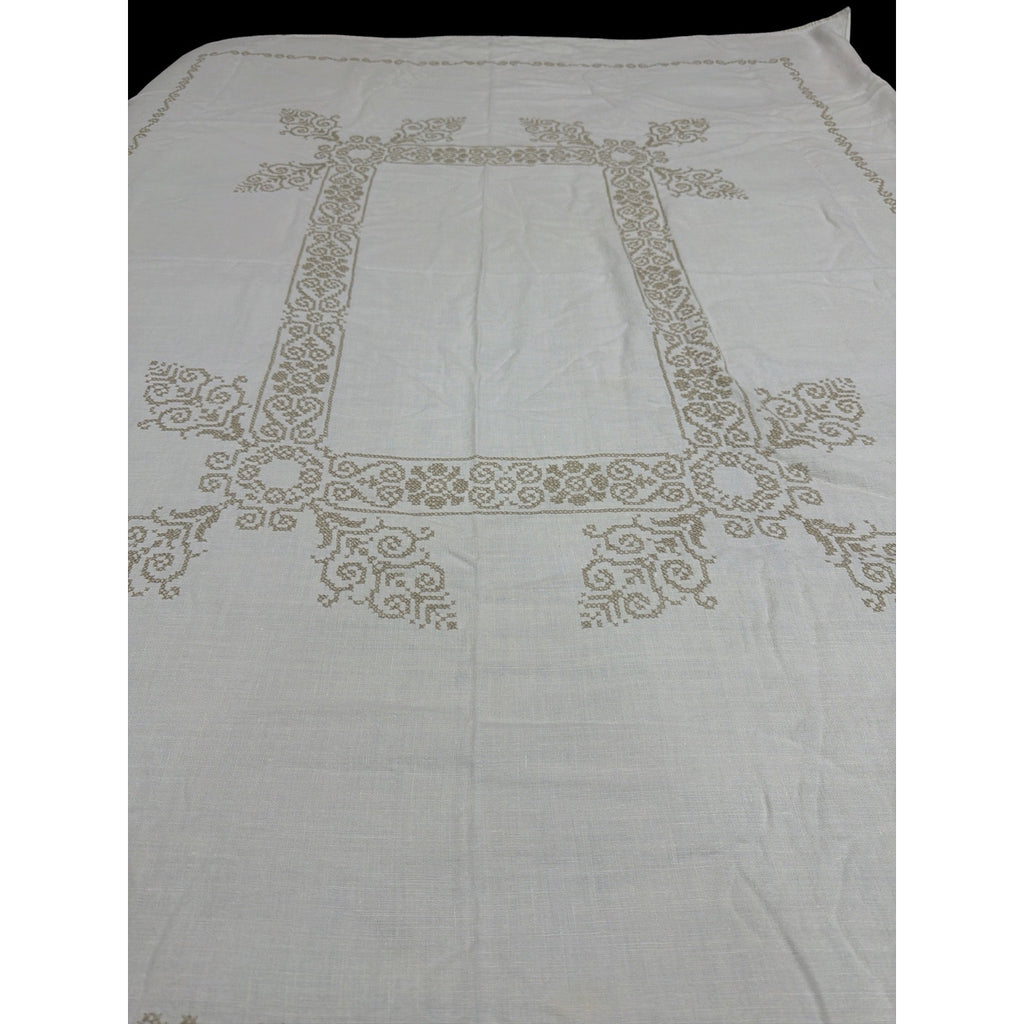 Vintage Hand Embroidered Linen Tablecloth Cross Stitch 54 x 72 Neutral – additional view 8