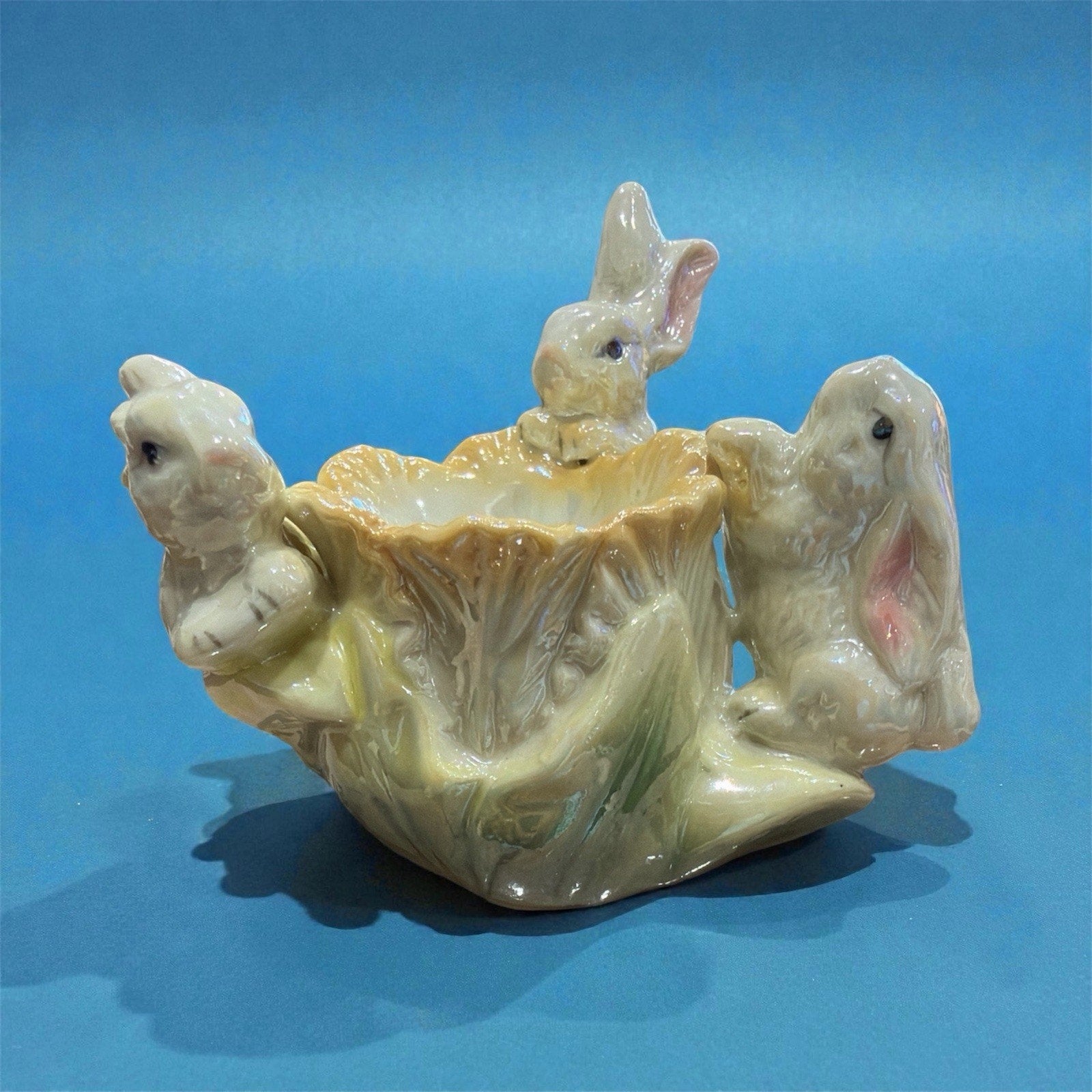 Vintage Ceramic Bunny Basket Planter Pearlized Easter Rabbit Candy Dish