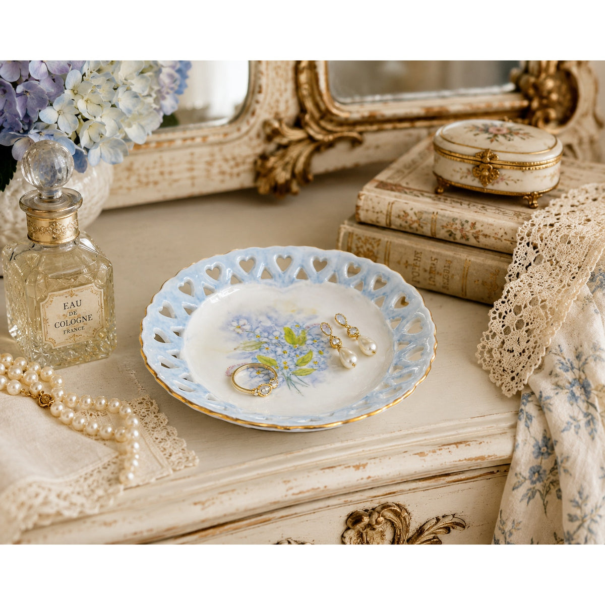 Vintage J.C. Tanner Porcelain Trinket Dish Pierced Hearts Blue Floral Gold – additional view 10