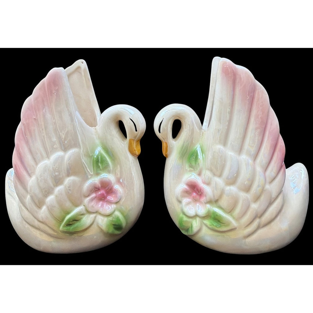 Vintage Pair Pink Lusterware Swan Planters Japanese Ceramic Floral Vases