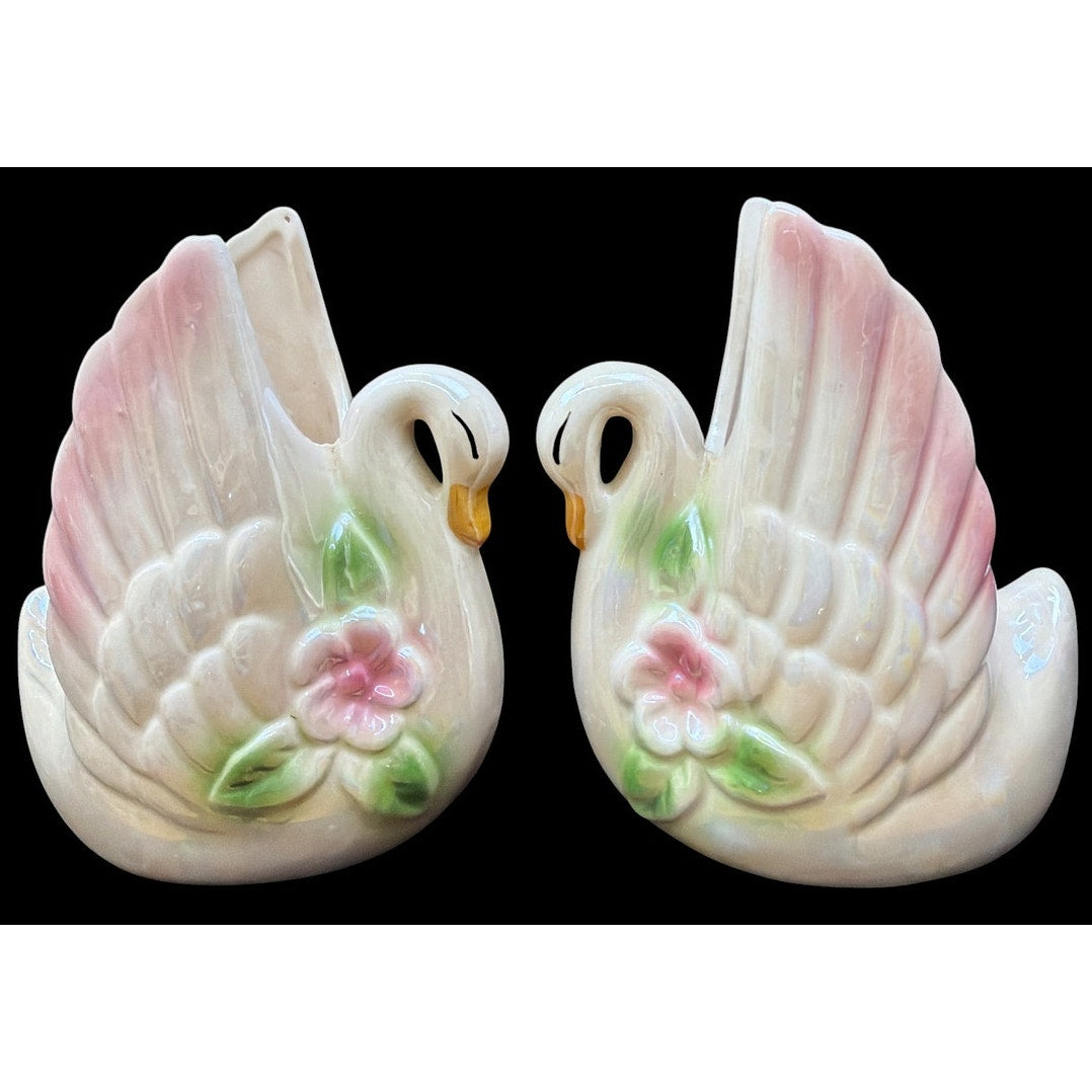 Vintage Pair Pink Lusterware Swan Planters Japanese Ceramic Floral Vases