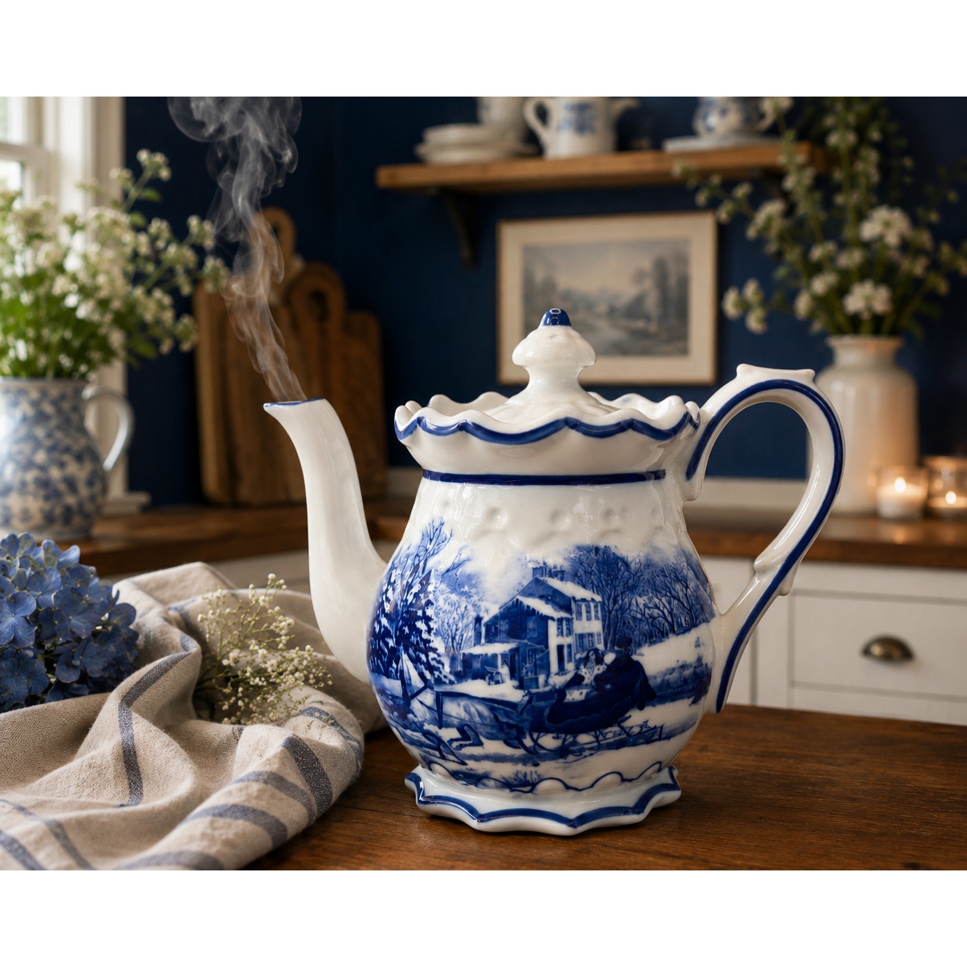 Vintage Blue White Scenic Teapot 40–48 oz Winter Cottage Tea Pot