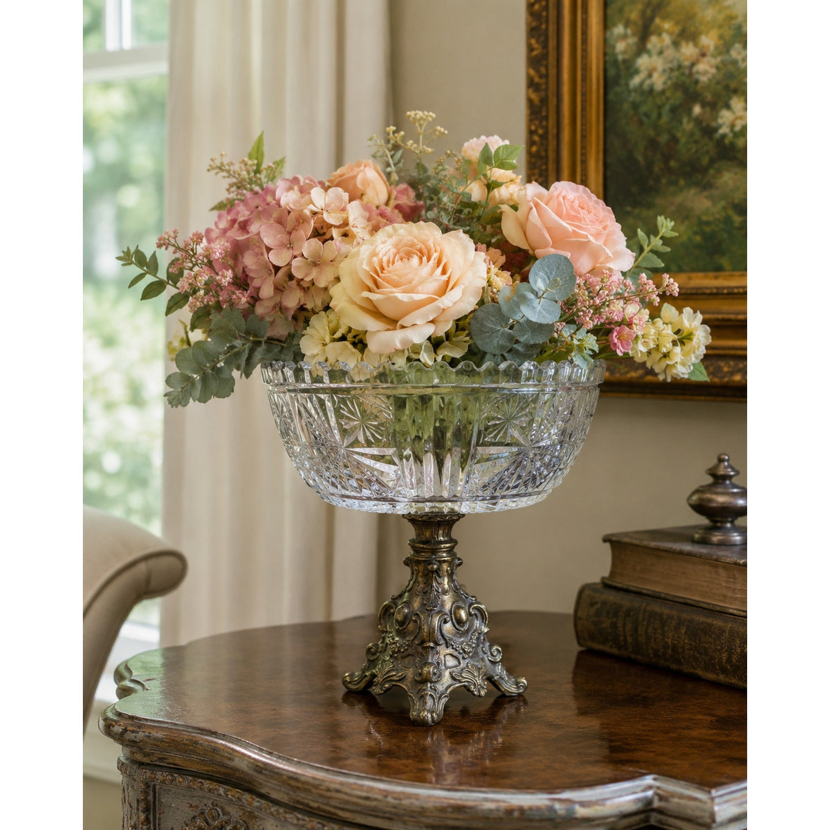 Vintage Cornell Pressed Glass Pedestal Compote Ornate Gold Metal 9 Inch – main view
