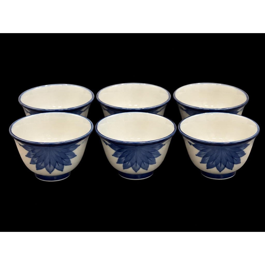 Set of 6 Vintage Blue White Porcelain Rice Bowls, Hand-Painted Floral Tea Bowls